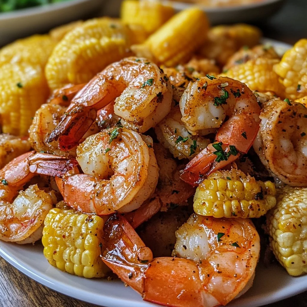 A colorful shrimp boil served with corn, potatoes, and spices.