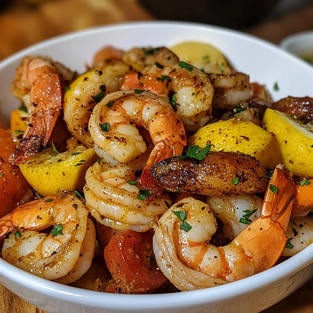 A vibrant shrimp boil featuring shrimp, potatoes, and corn served on a table.