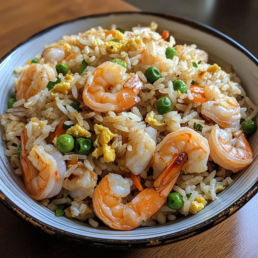 Delicious bowl of shrimp fried rice with fresh shrimp and vegetables