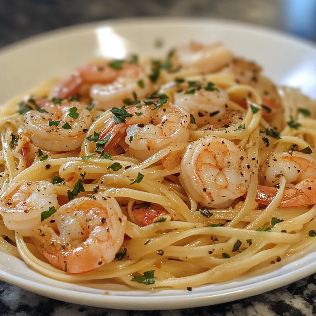 Scrumptious shrimp linguine dish garnished with herbs and served in a bowl.