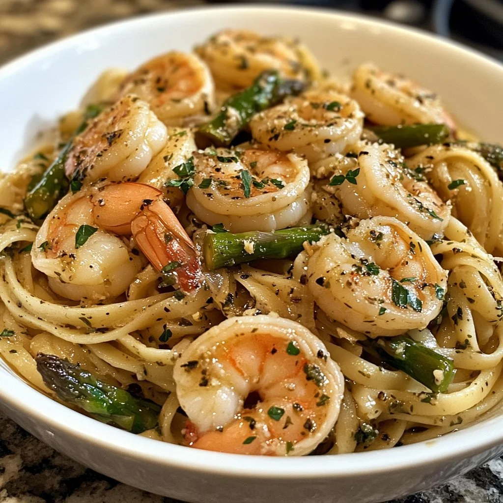 Plate of shrimp scampi pasta with asparagus garnished with herbs