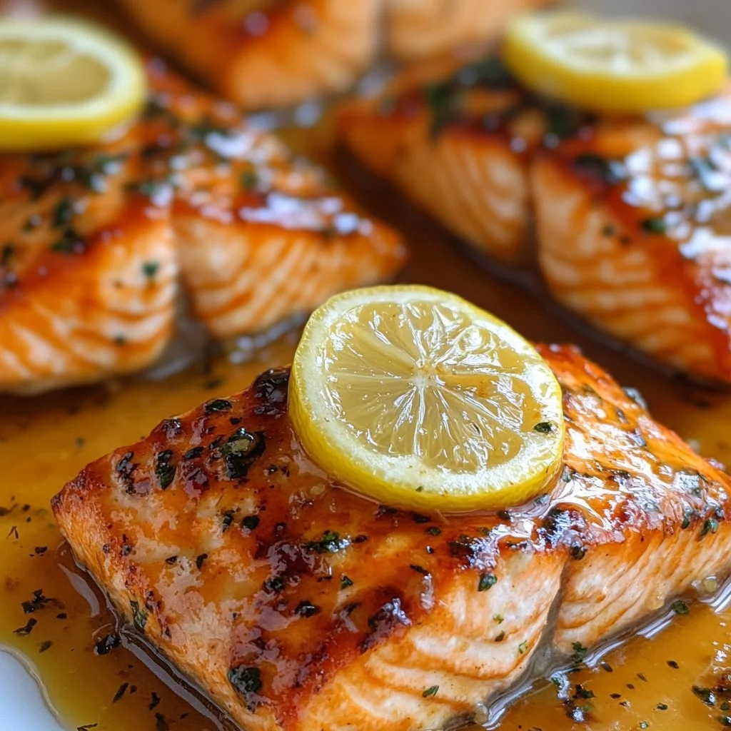 Delicious air fryer honey lemon salmon on a plate garnished with lemon slices