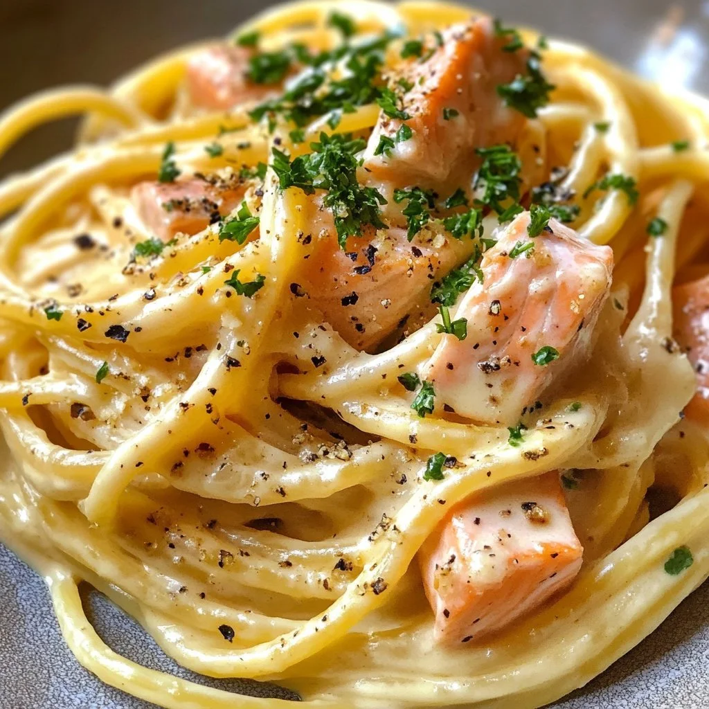Delicious smoked salmon carbonara pasta topped with herbs and cheese