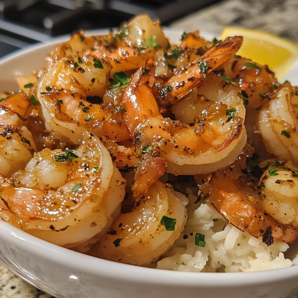 Delicious spicy garlic butter shrimp served with herbs and spices