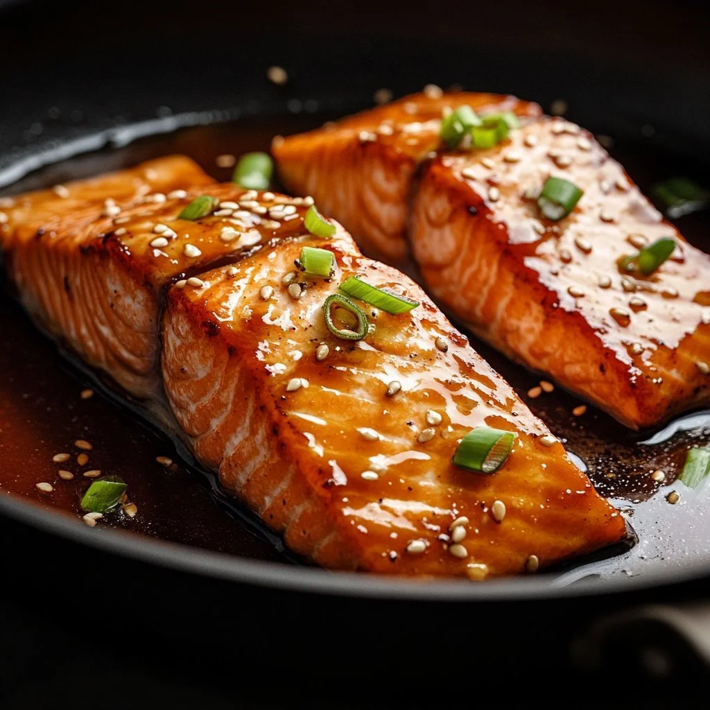 Spicy honey glazed salmon served with vegetables on a plate