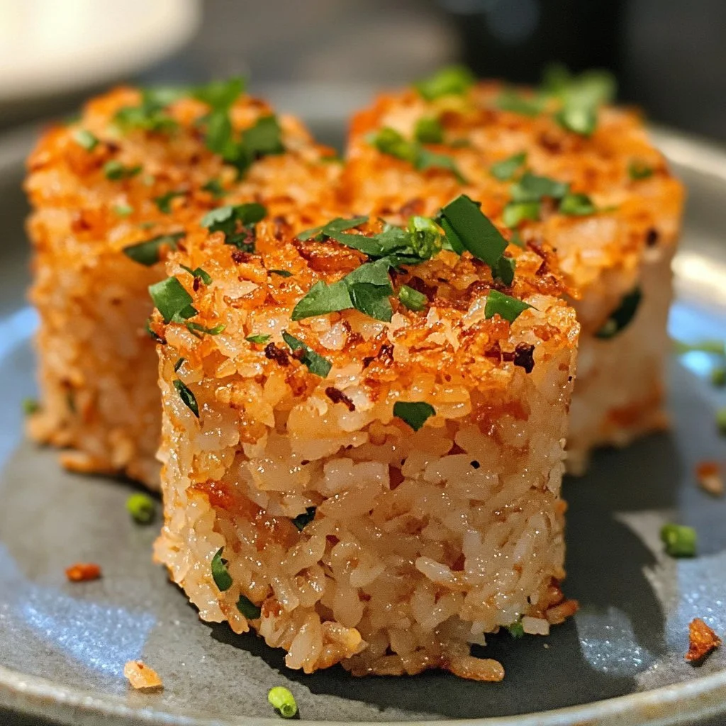 Spicy tuna crispy rice appetizer with garnishes served on a plate