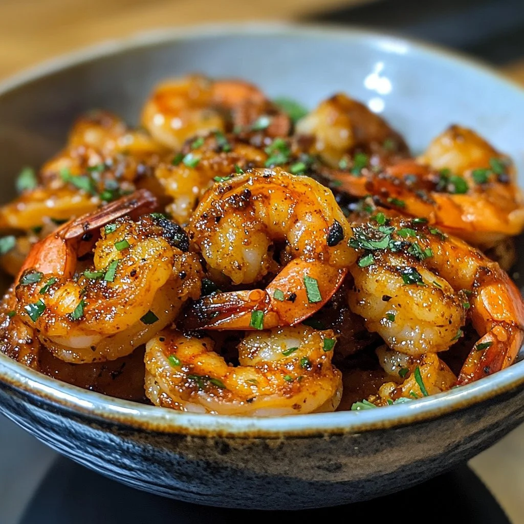 Delicious spicy voodoo shrimp served on a plate with vibrant spices
