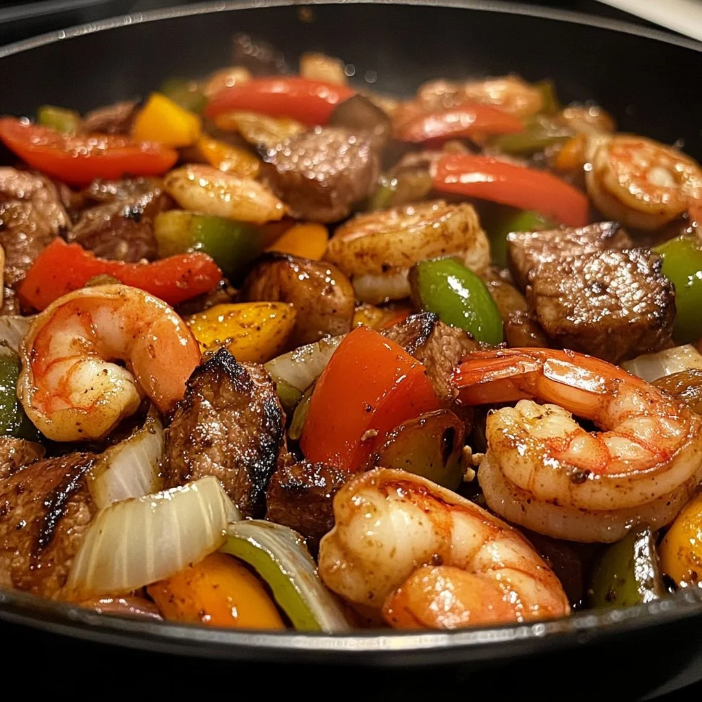 A colorful dish of steak and shrimp stir fry with fresh vegetables and stir-fry sauce.