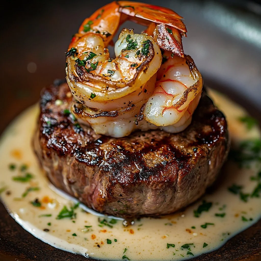 Plate of Surf and Turf with creamy garlic sauce, steak and lobster.