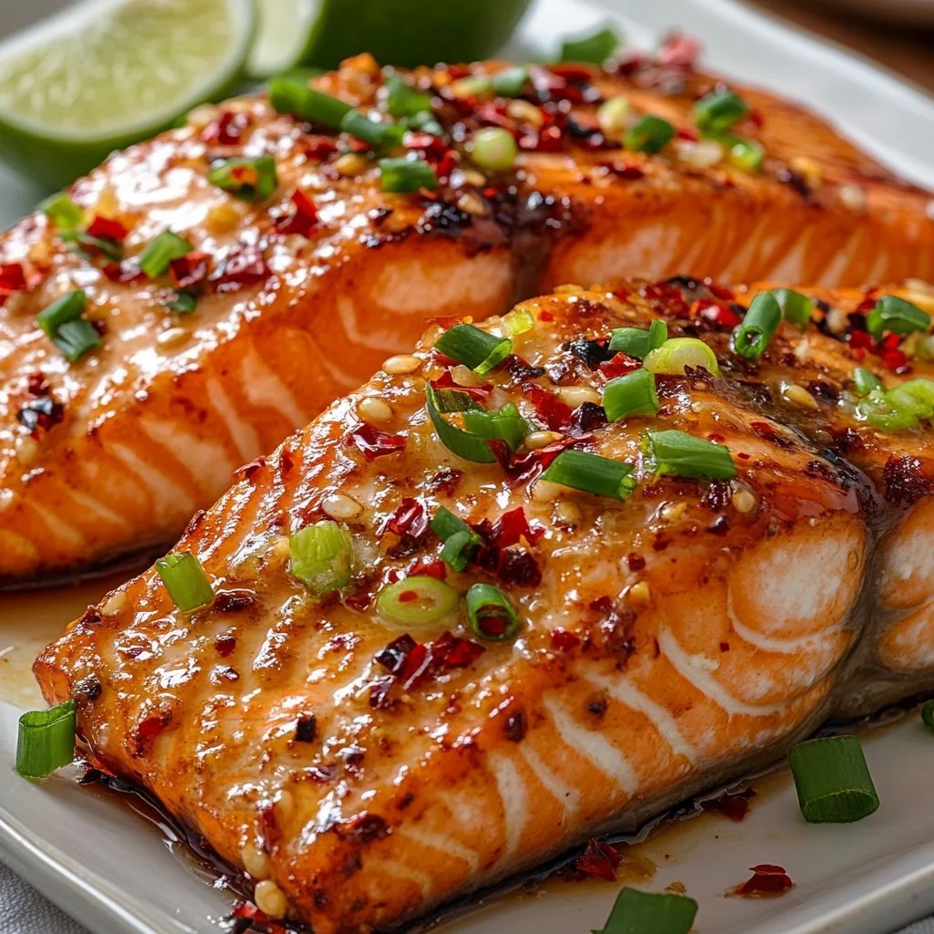 Delicious Sweet Chili Garlic Salmon served on a plate with fresh herbs.