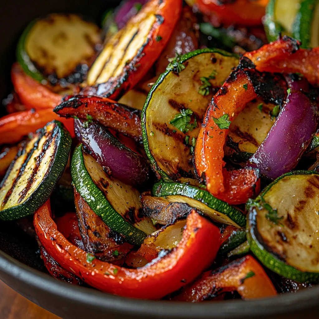 Tasty grilled veggies in a basket ready for serving at a summer barbecue.