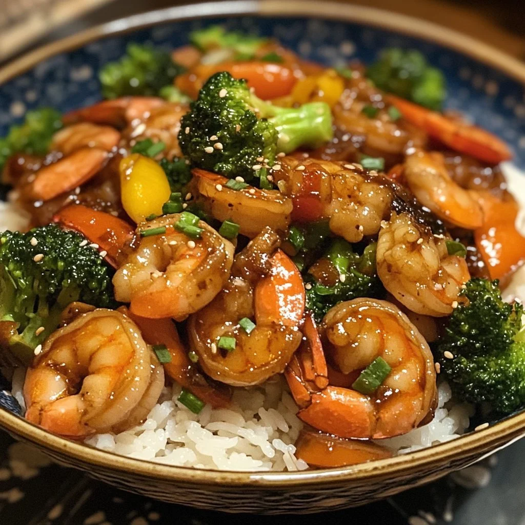 Teriyaki shrimp stir fry with colorful vegetables in a bowl
