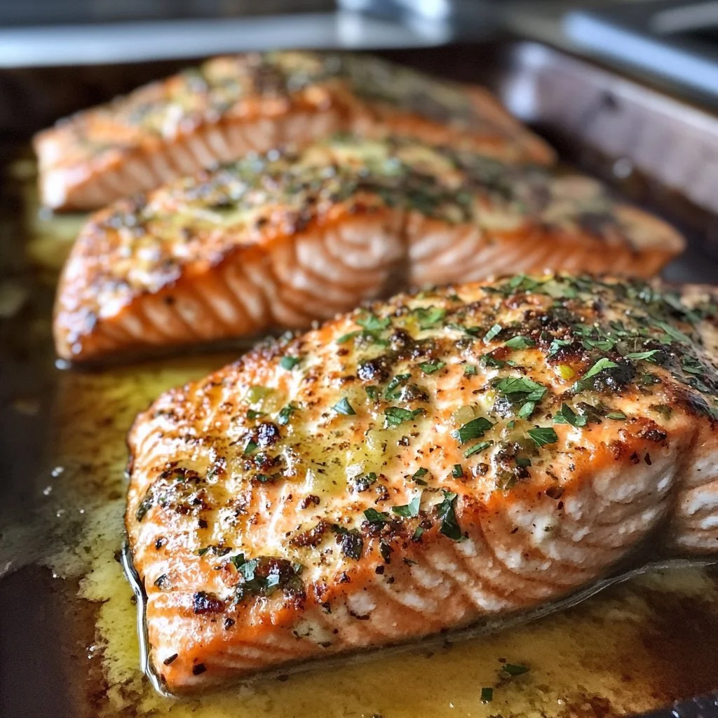 Delicious baked salmon served with lemon and herbs on a plate
