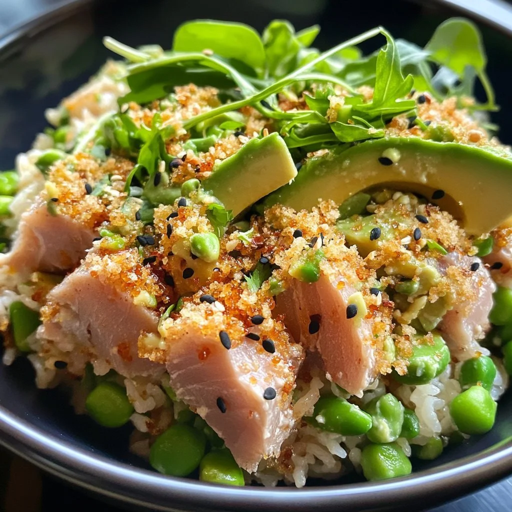 Delicious Tuna Avocado Salad served on crispy rice