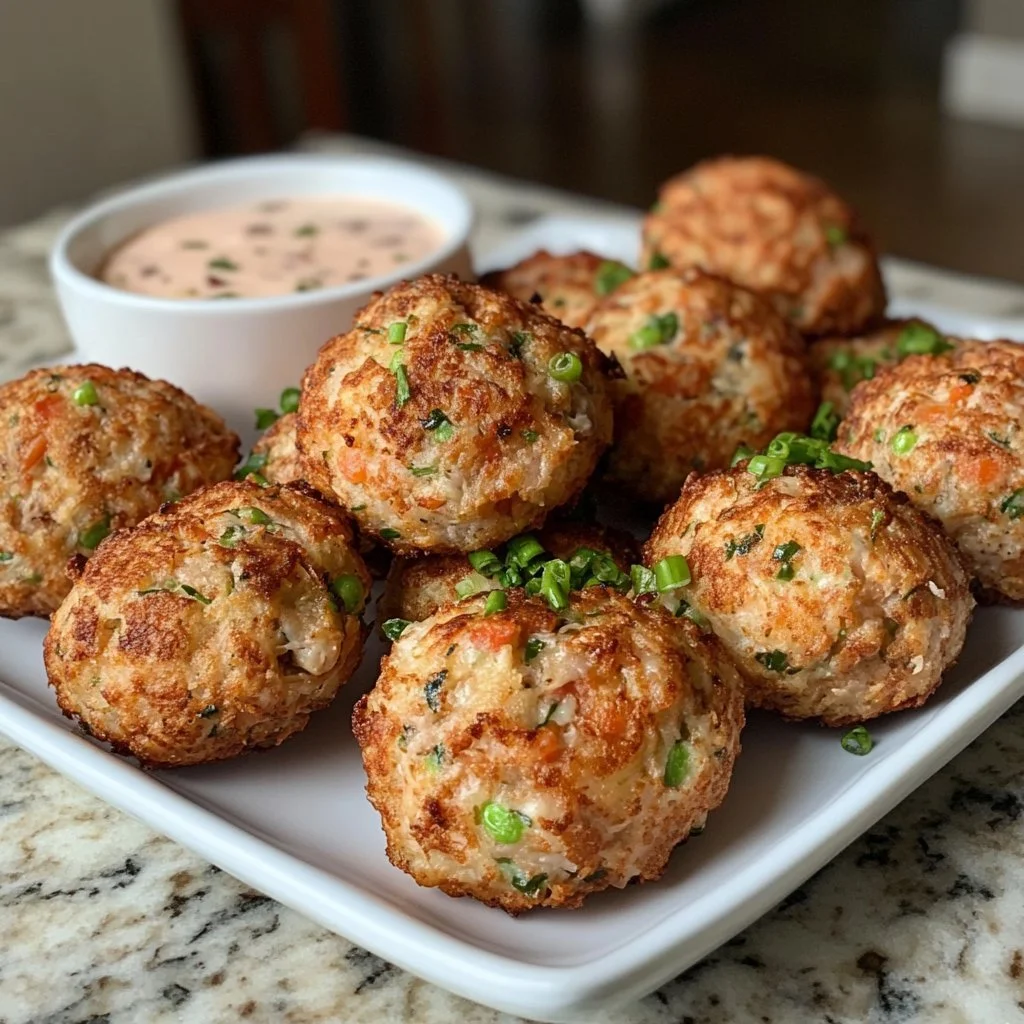 Plate of crispy Tuna Melt Fritters garnished with herbs