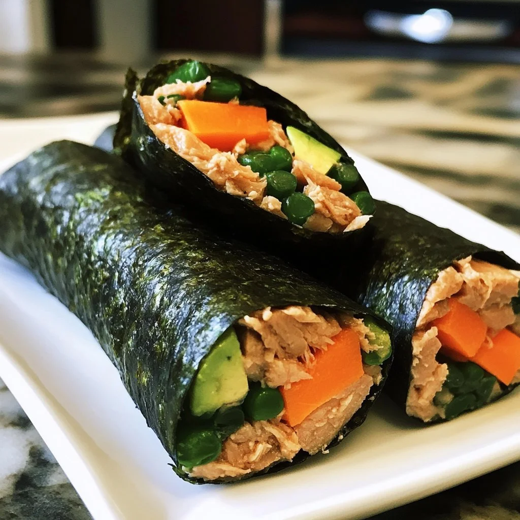 Delicious tuna salad nori wraps ready to be served with fresh ingredients.