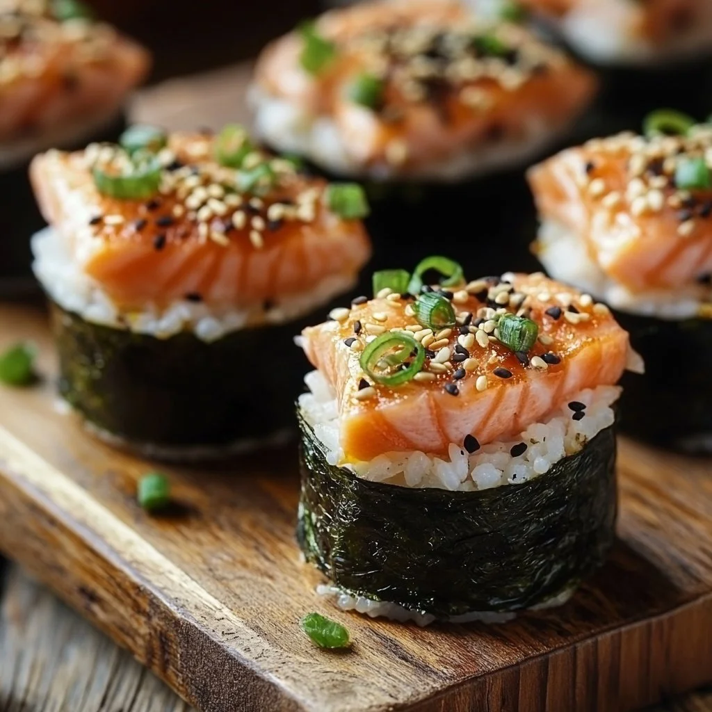 Viral easy baked salmon sushi bake cups served in a decorative dish.