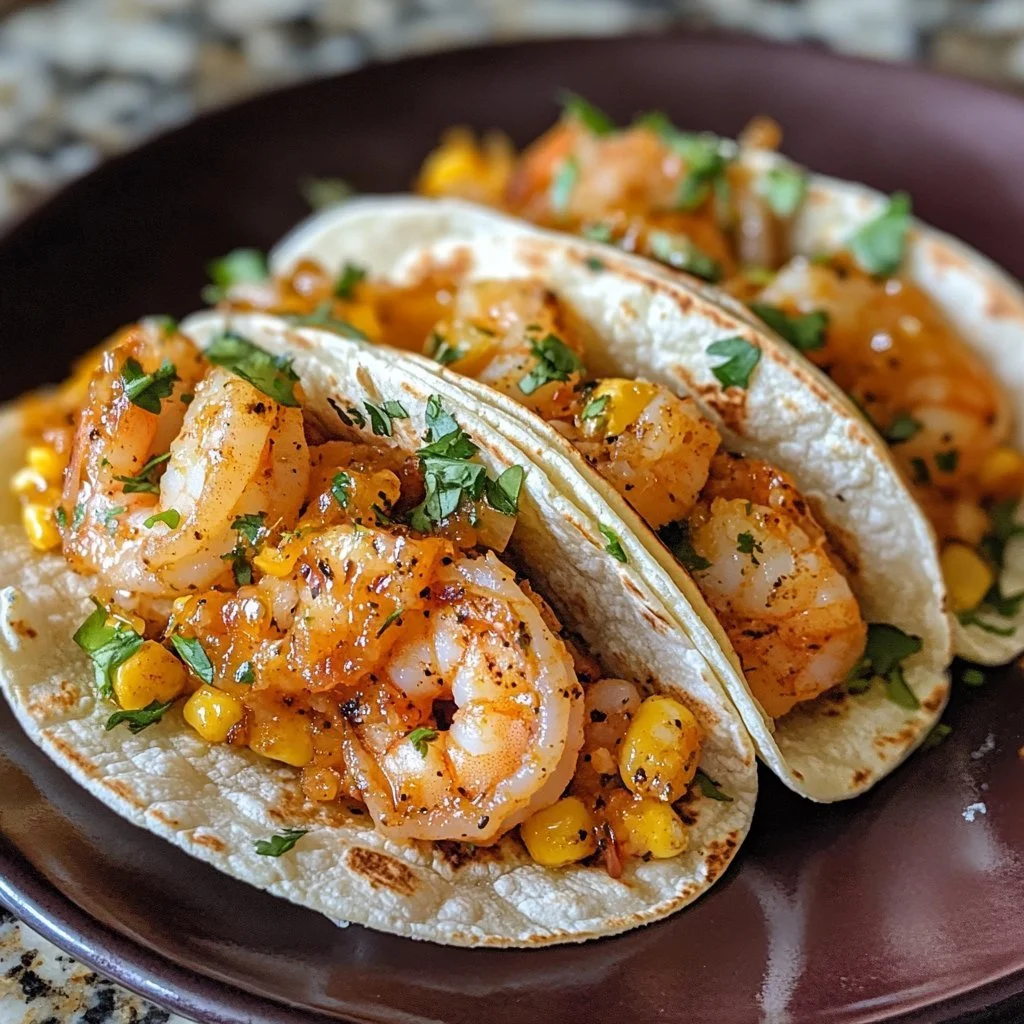 Delicious zesty and creamy shrimp tacos served on a plate with fresh toppings