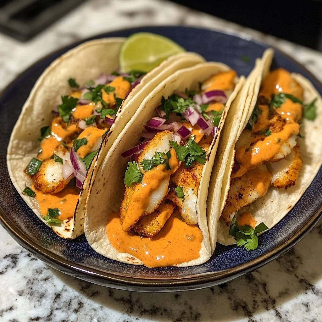 Zesty fish tacos topped with spicy sriracha lime sauce on a plate