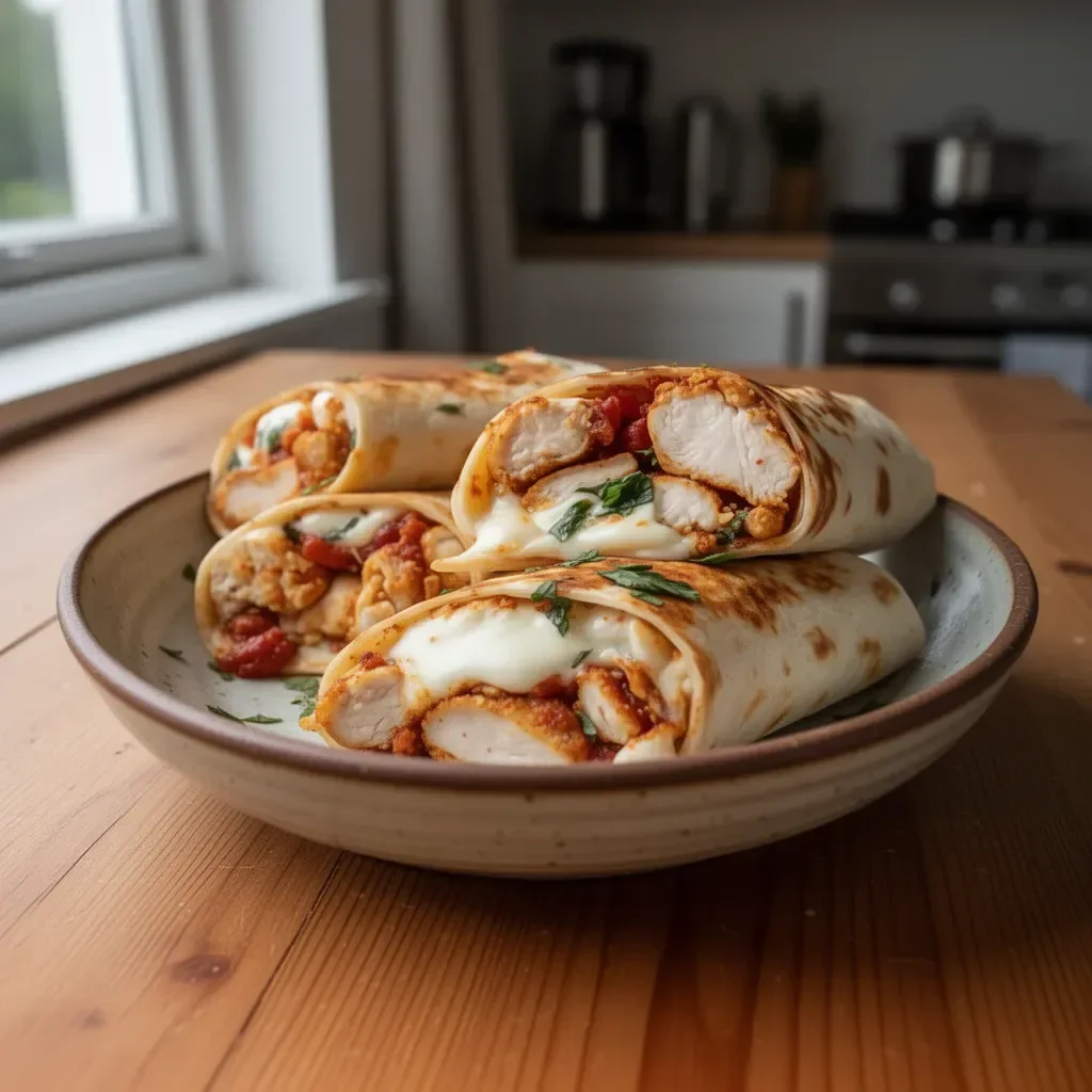 Air Fryer Chicken and Mozzarella Wraps served on a plate with fresh greens.