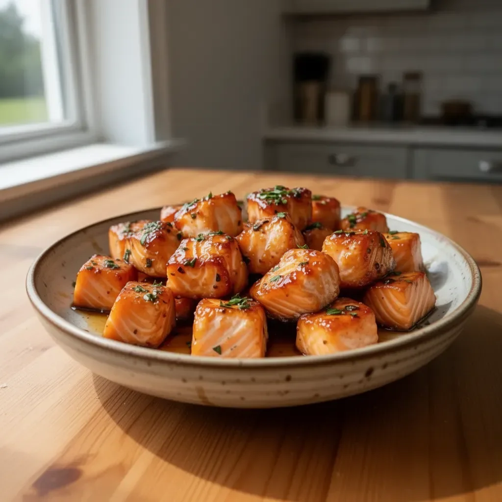 Air Fryer Honey Garlic Salmon Bites served on a plate, garnished with herbs