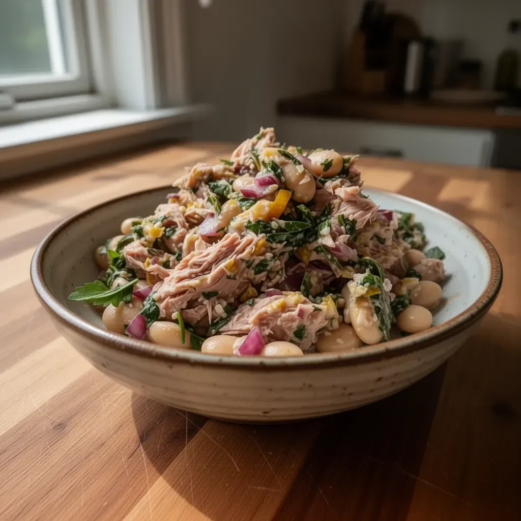 Freshly prepared Amazing Tuna and White Bean Salad with vegetables and dressing.
