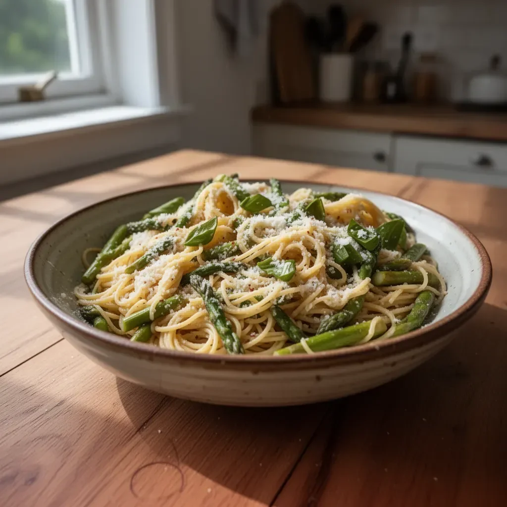 Bowl of asparagus pasta with cherry tomatoes and parmesan cheese