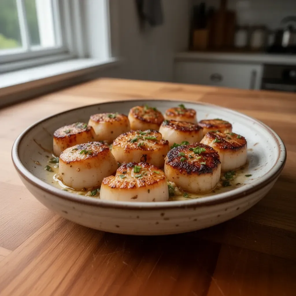 Delicious plate of baked sea scallops garnished with herbs and lemon