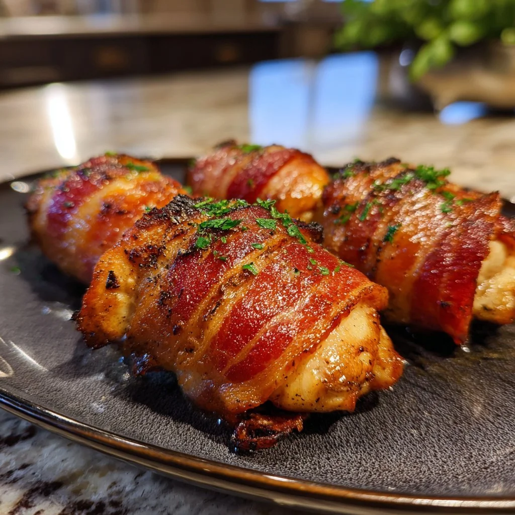 Delicious bacon-wrapped chicken served on a plate with herbs.