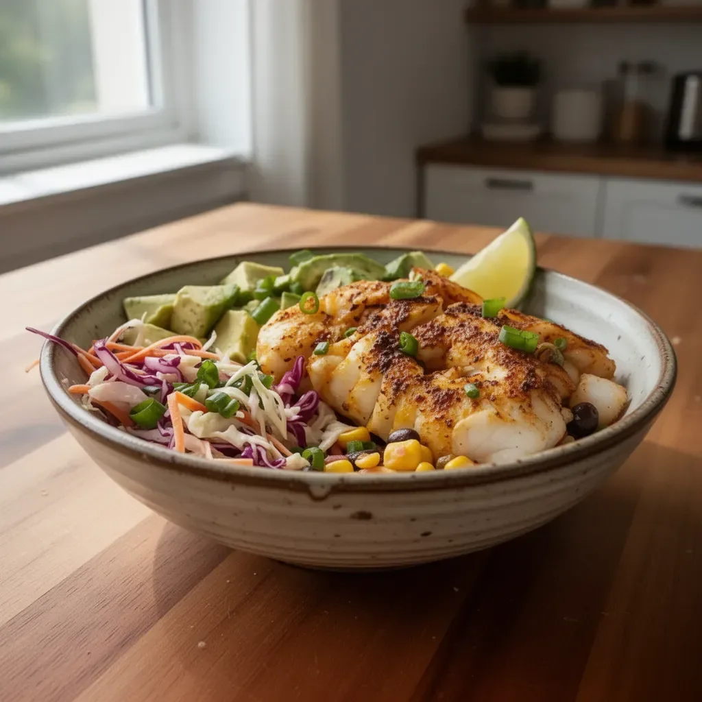 Baja fish taco bowls topped with fresh vegetables and creamy sauce