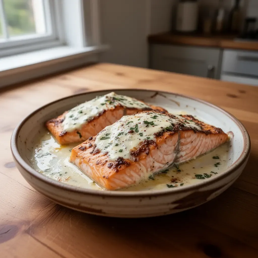 Baked Boursin Salmon topped with herbs and served with vegetables