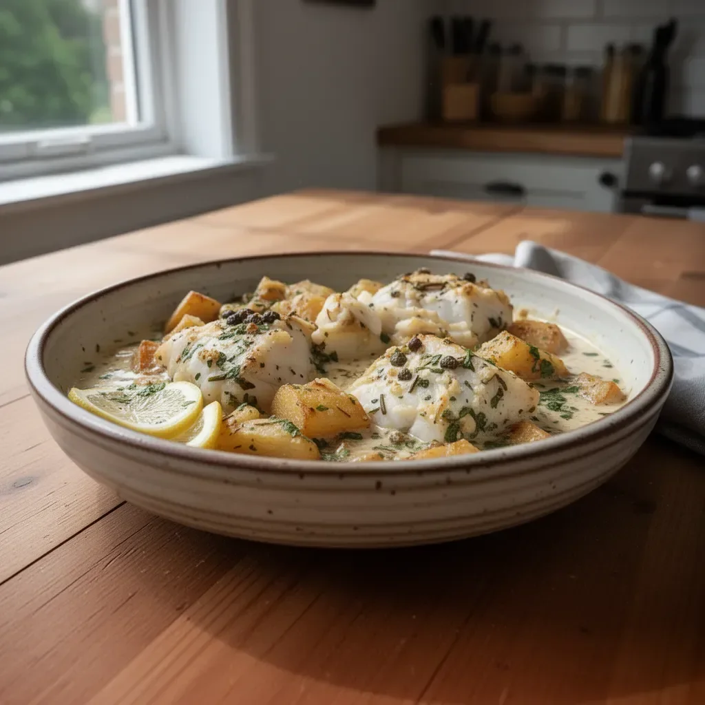 Baked cod fillet topped with herbed cream sauce, served on a plate.