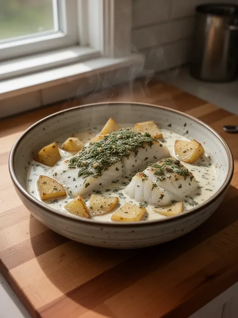 Baked Cod Fish in Herbed Cream Sauce