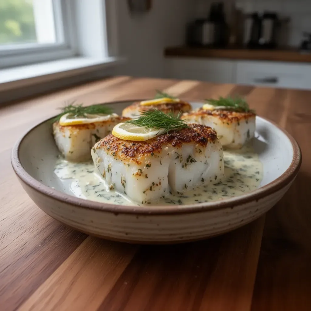 Baked cod fillets topped with lemon-dill sauce on a white plate