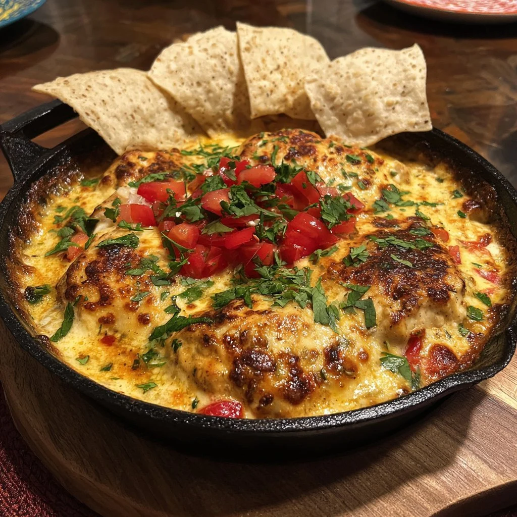 Delicious baked queso chicken topped with melted cheese and spices