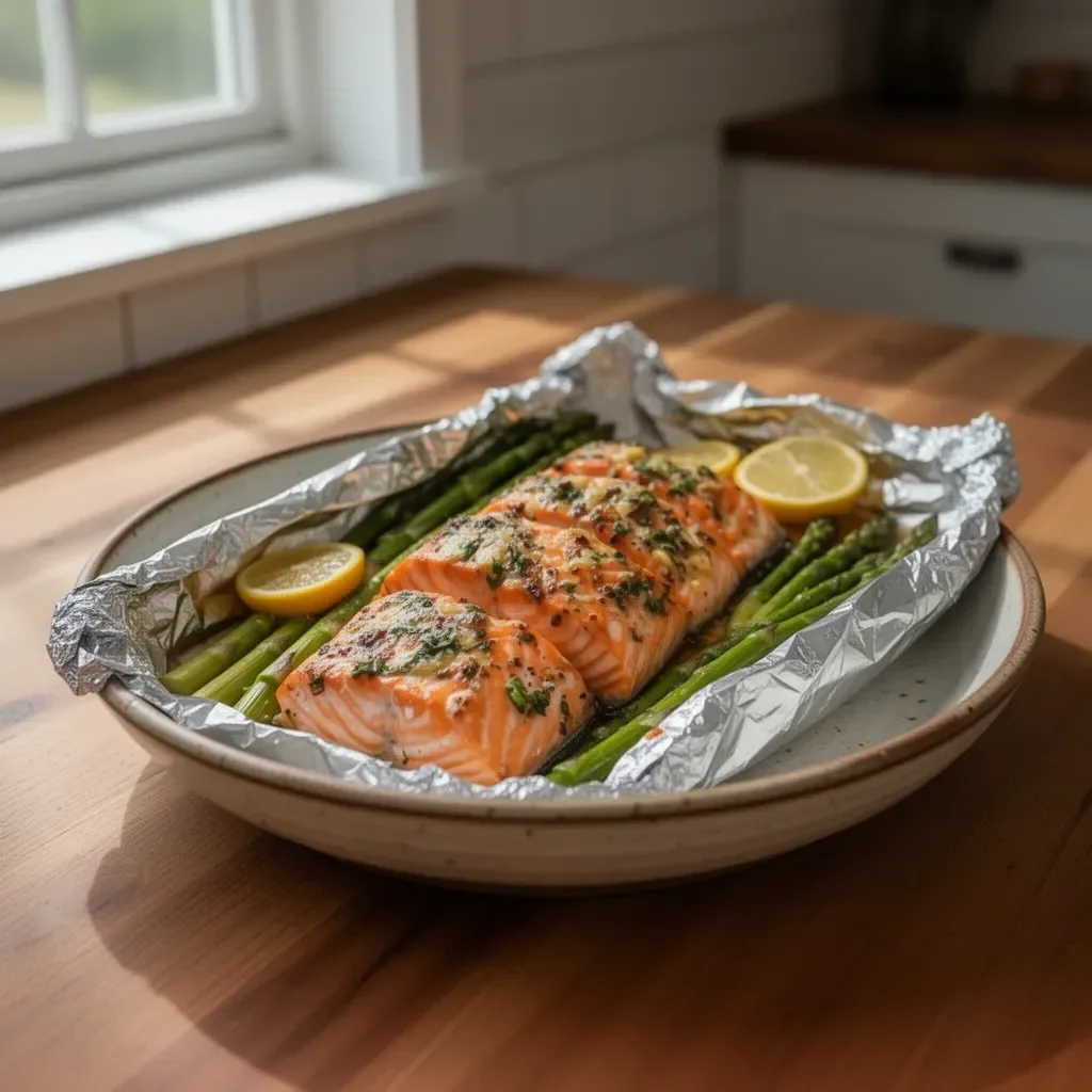 Baked salmon in foil served with fresh asparagus