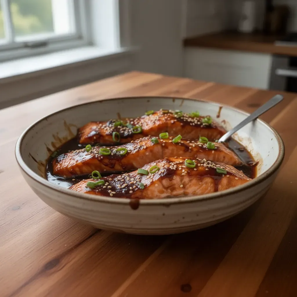 Baked salmon fillet drizzled with teriyaki sauce on a dinner plate