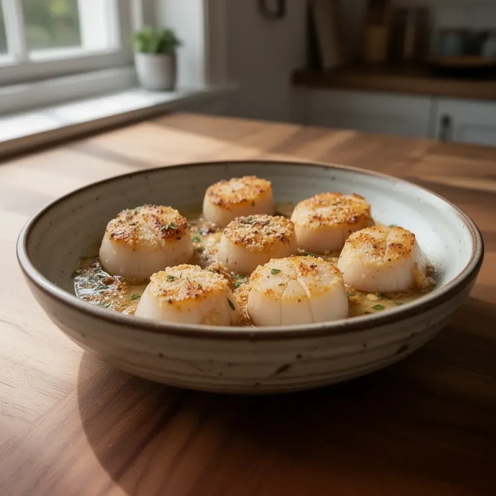 Delicious baked scallops garnished with herbs and breadcrumbs in a dish