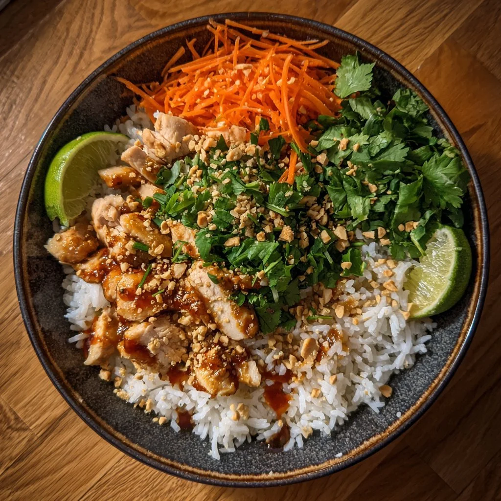 Delicious Bang Bang Chicken Bowl topped with crispy chicken and zesty sauce