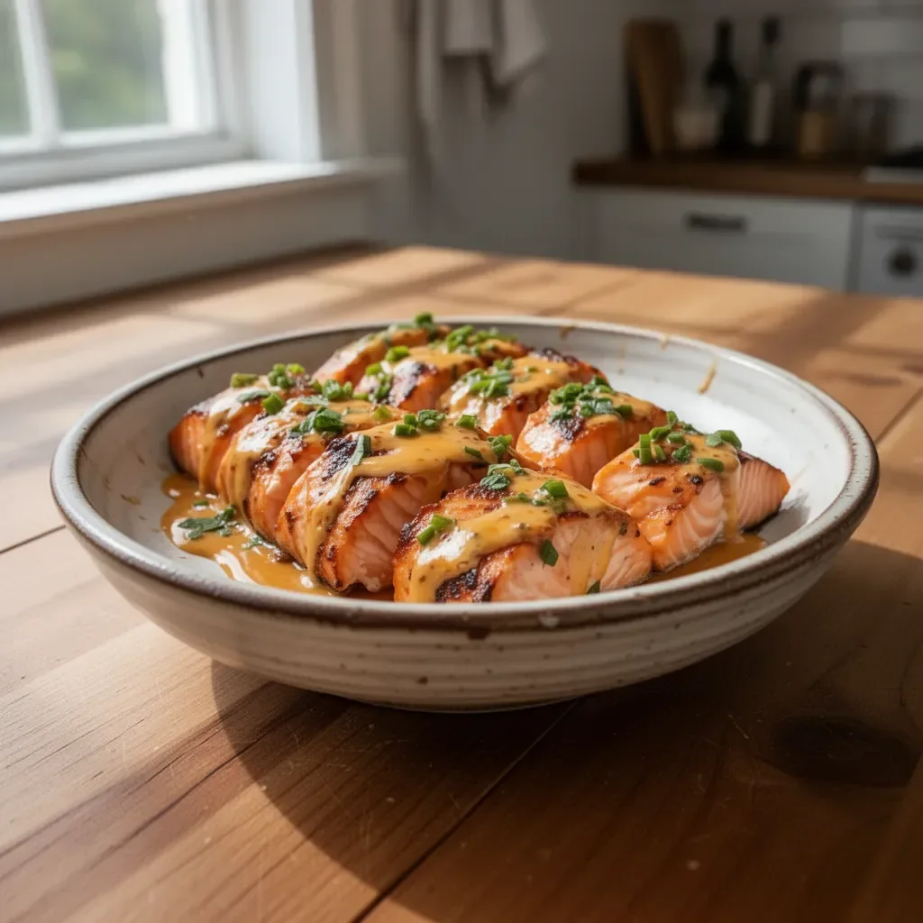 Spicy Bang Bang Salmon dish with fresh ingredients and garnishes