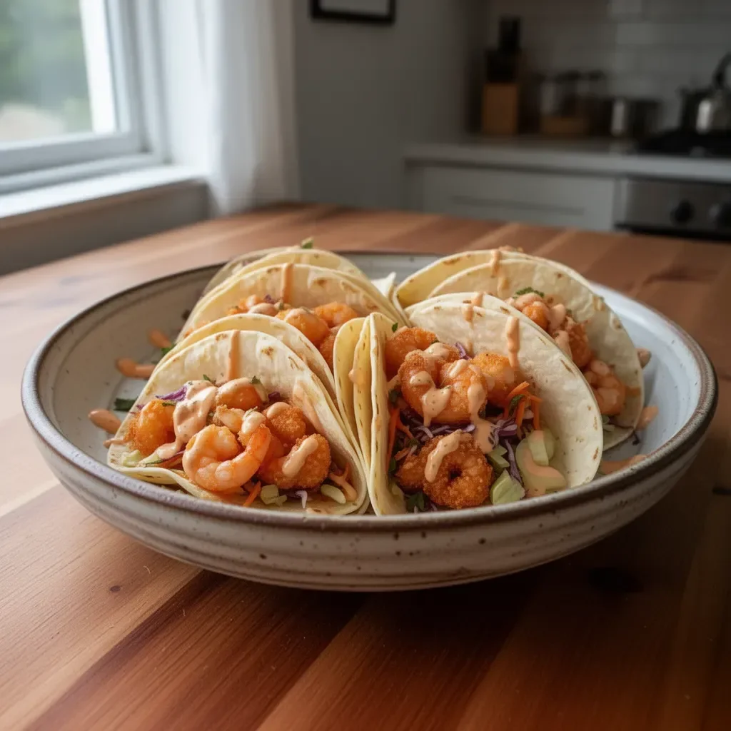 Delicious Bang Bang Shrimp Tacos served with fresh toppings and sauce
