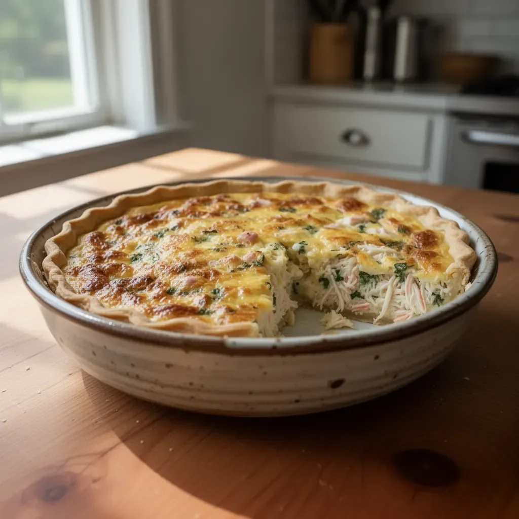 Delicious crab quiche from Barefoot Contessa recipe, served on a white plate.