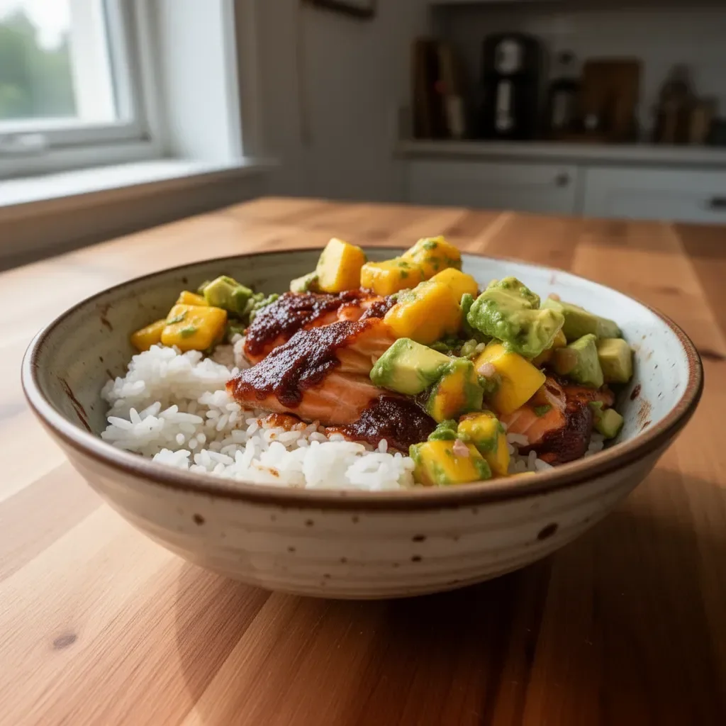 BBQ Salmon Bowls with vibrant mango avocado salsa on a plate