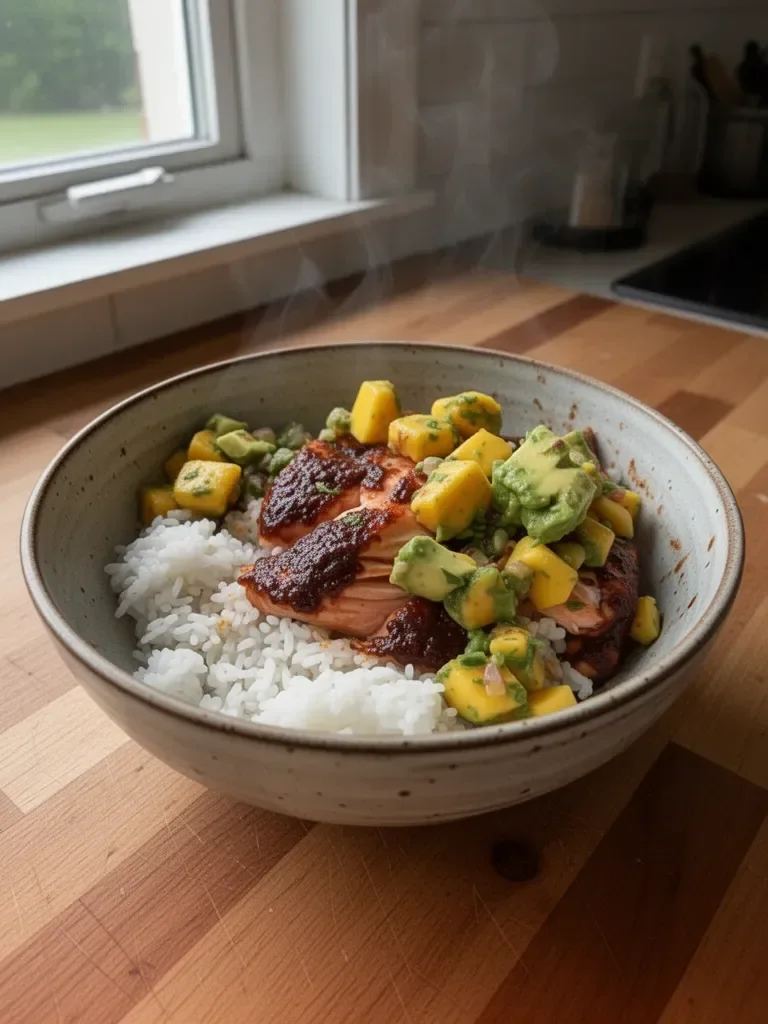 BBQ Salmon Bowls with Mango Avocado Salsa