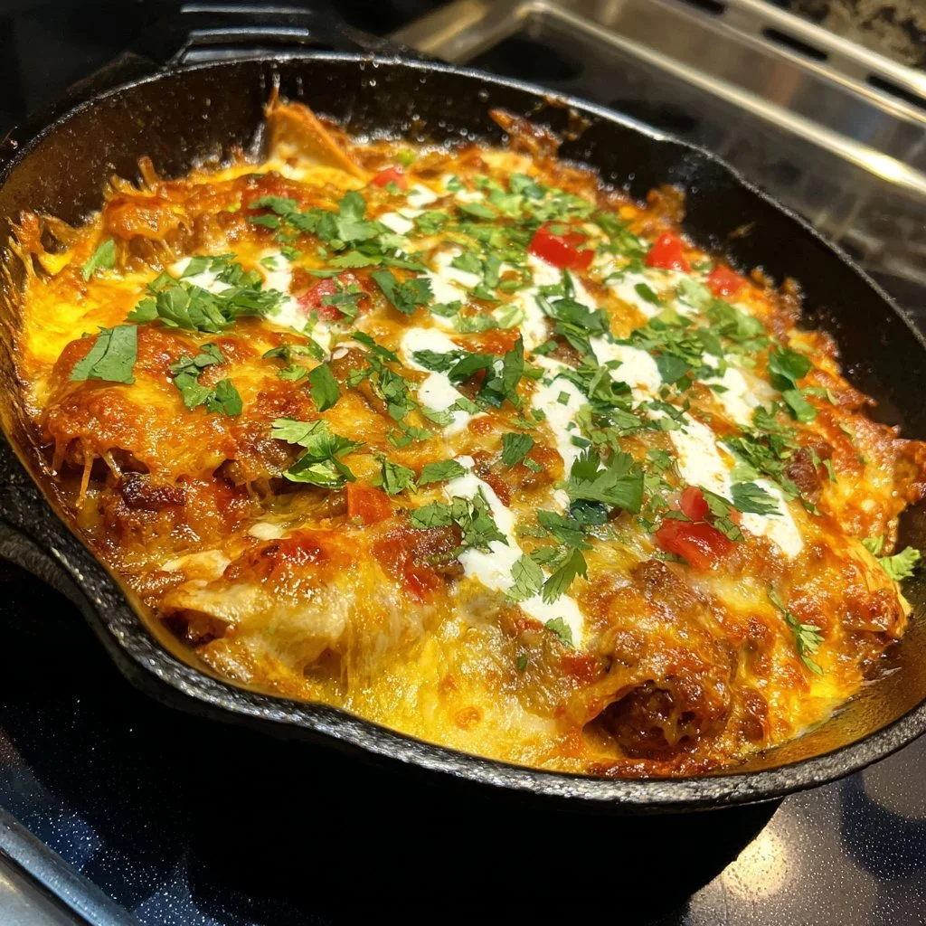 Delicious beef skillet enchiladas topped with cheese and fresh herbs