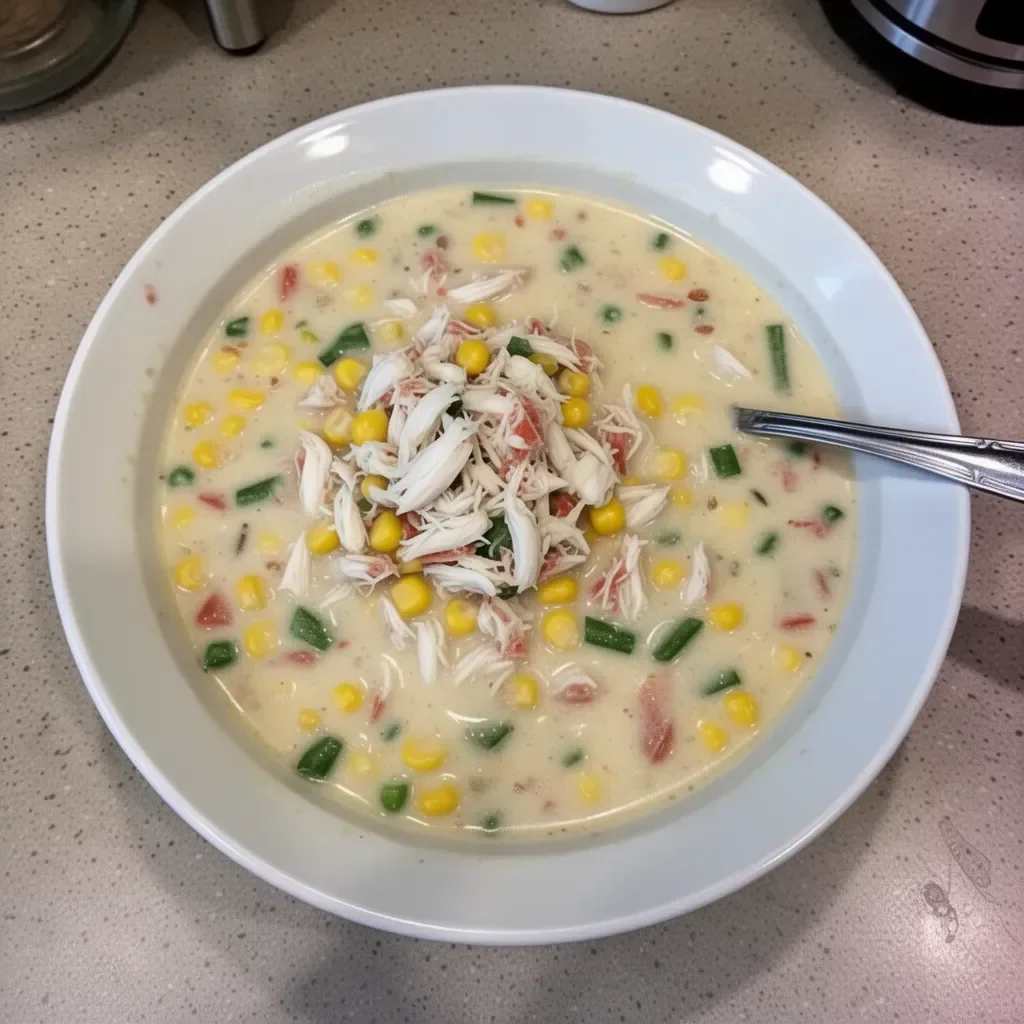 Bobby Flay's Crab & Corn Chowder served in a bowl with fresh herbs