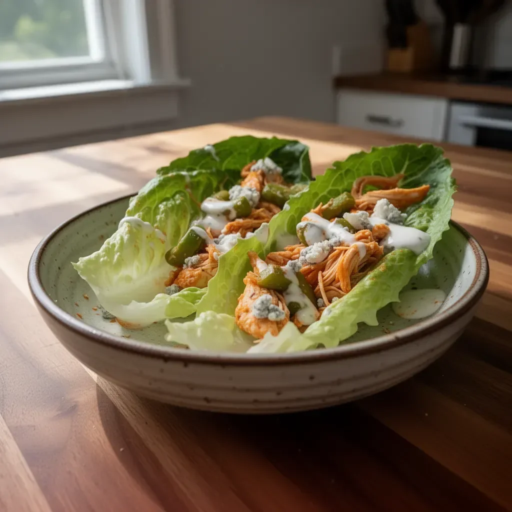 Buffalo chicken lettuce wraps served on a plate with garnishes
