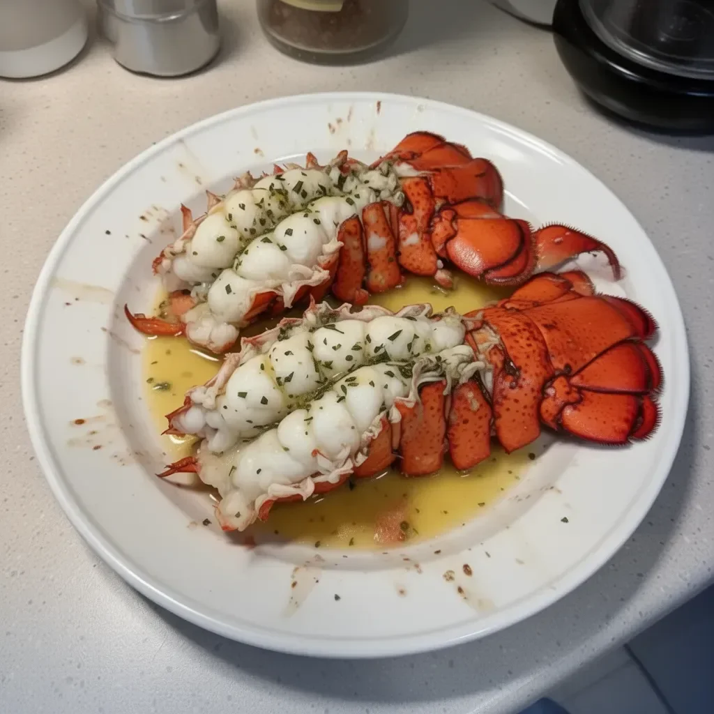 Delicious butter poached lobster tails garnished with herbs on a plate