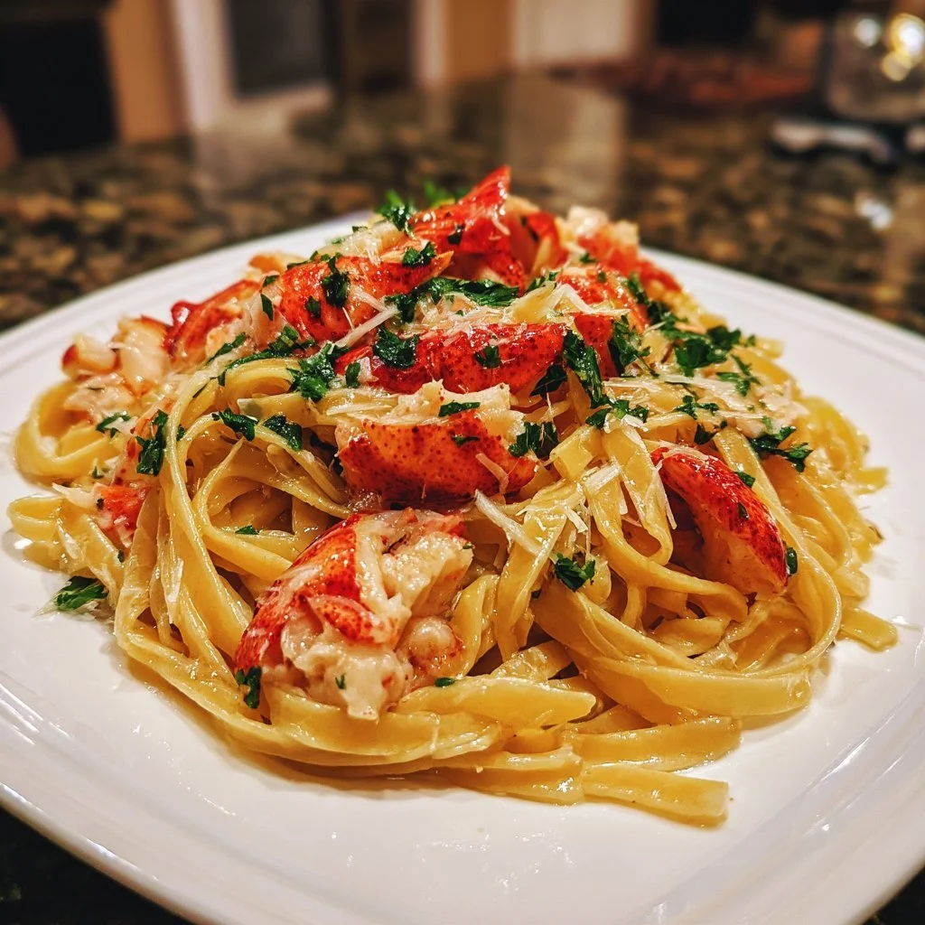 Delicious buttered lobster pasta topped with fresh herbs and lemon zest.
