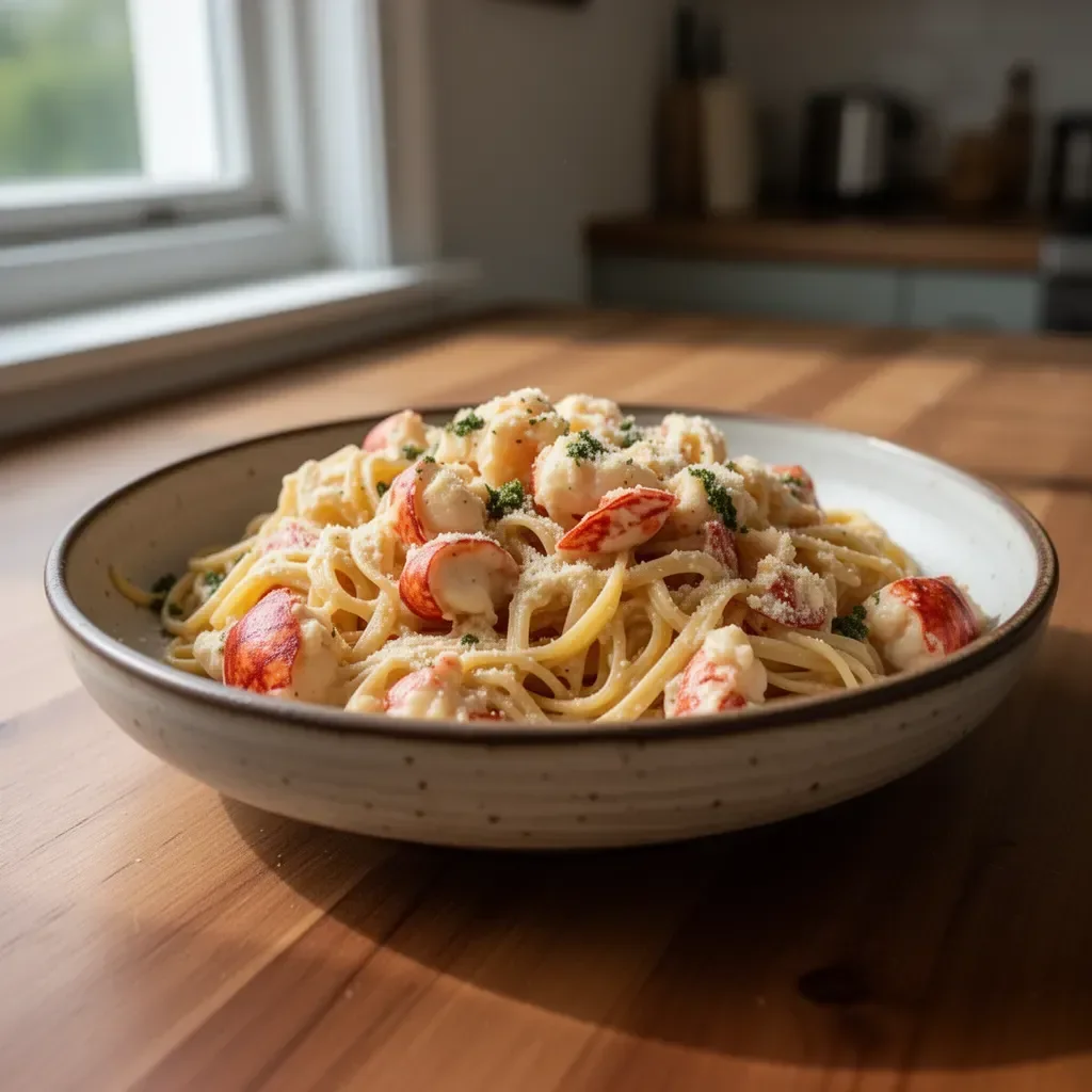 Delicious buttered lobster pasta served in a white bowl with herbs